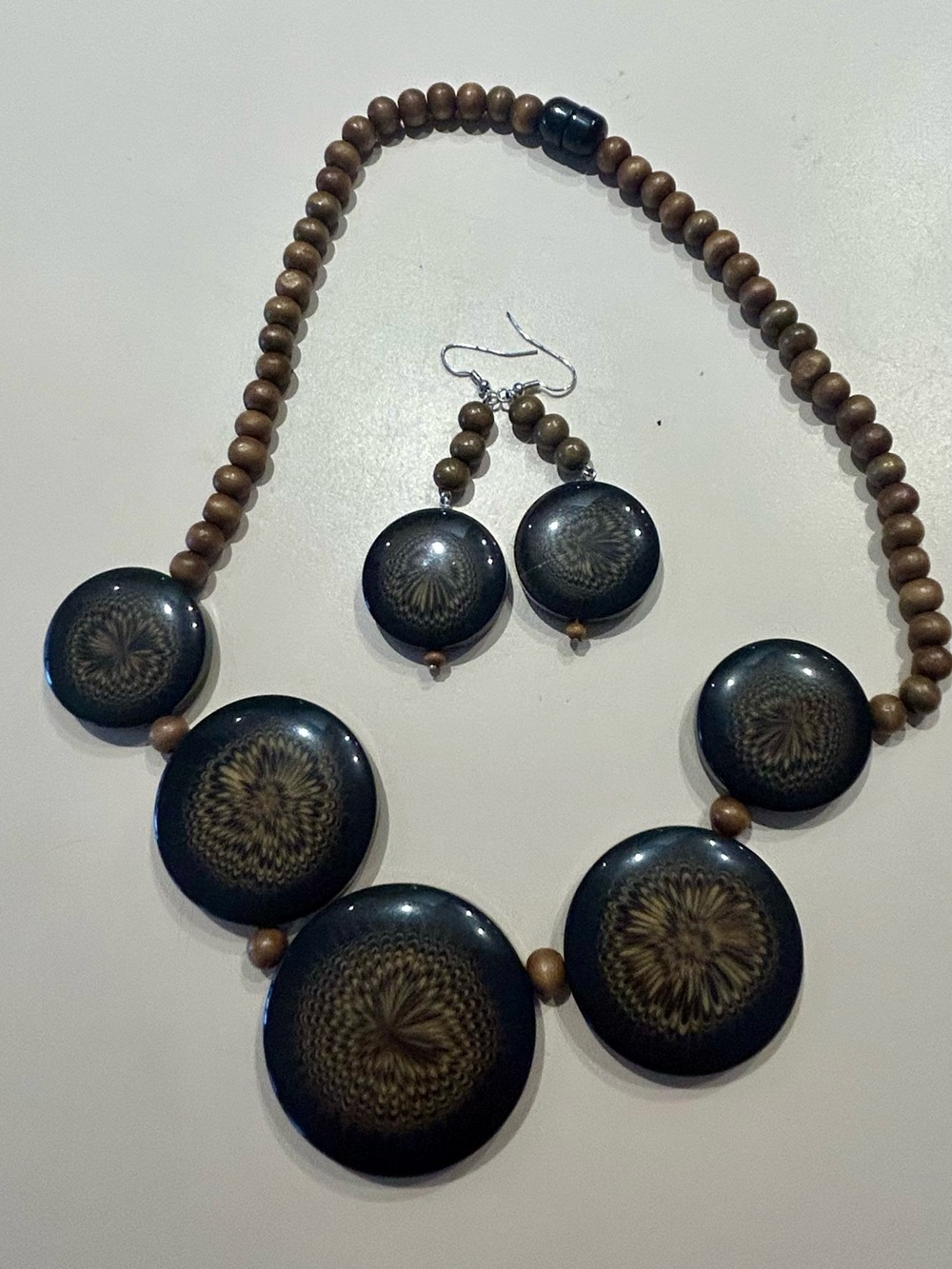 Handcrafted Black and Brown Disc Bead Necklace with Matching Earrings